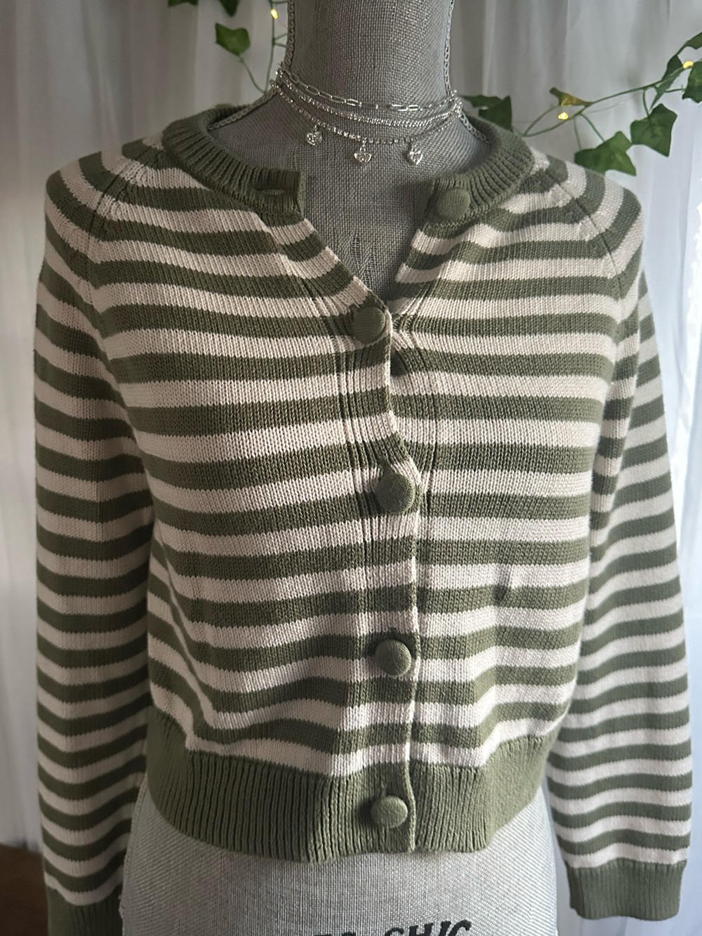 Universal Thread Olive Green and Cream Striped Button-Front Cardigan